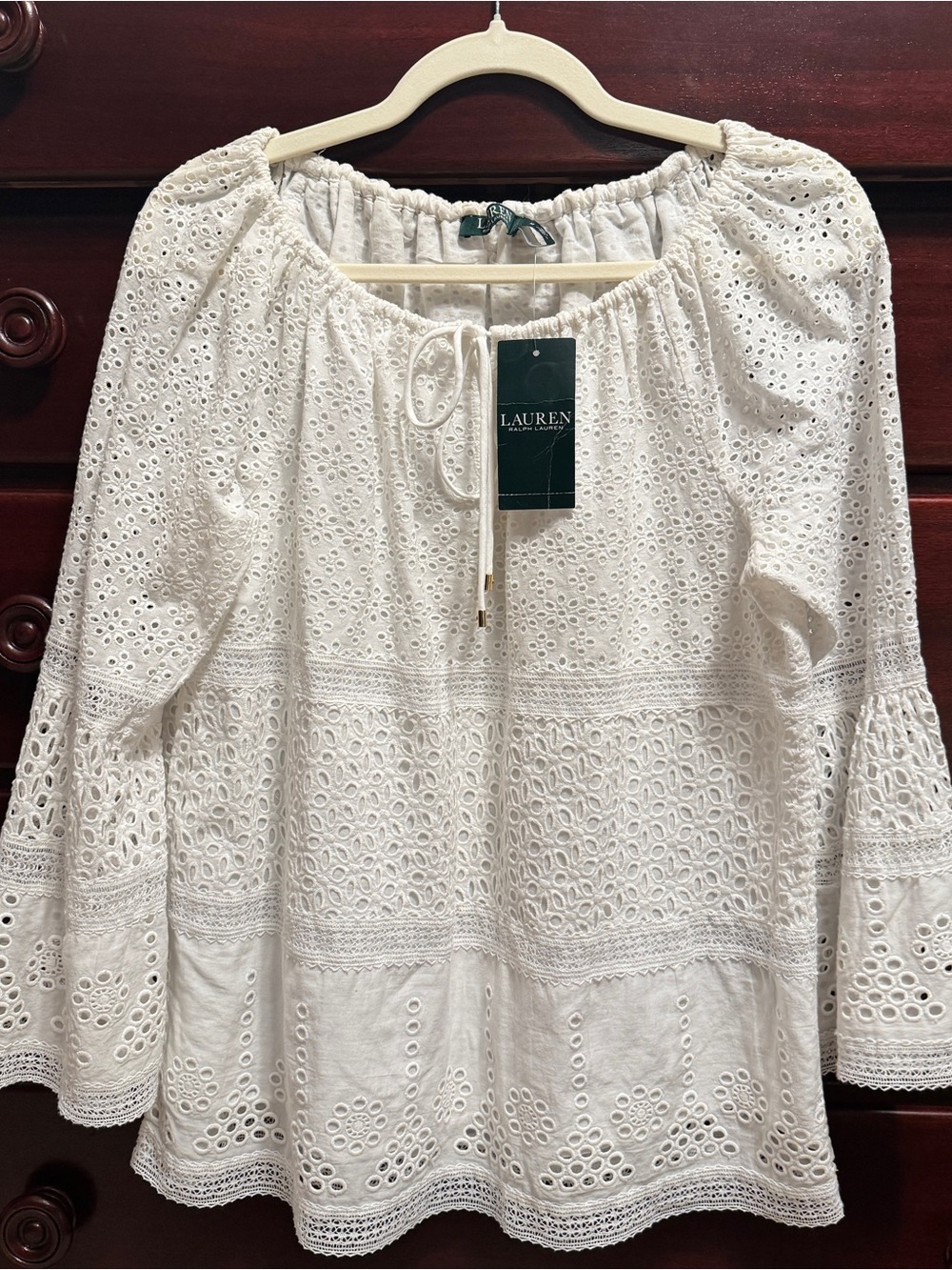 NWT Lauren Ralph Lauren M White Eyelet Peasant Top